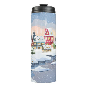 Winterweihnachtslandschaft mit schneebedecktem Hau Thermosbecher