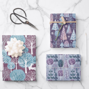 Winterweihnachtswald Lila Geschenkpapier Set
