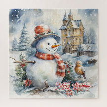 Winterweihnachtszene mit Schneemann im Schneewald