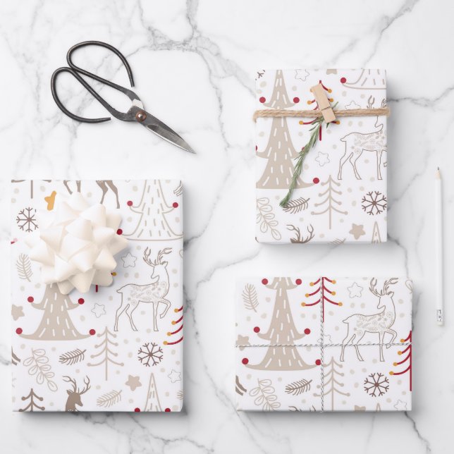 Winterweiß, Weihnachtsbaum und Hirsch Geschenkpapier Set (Vorderseite)