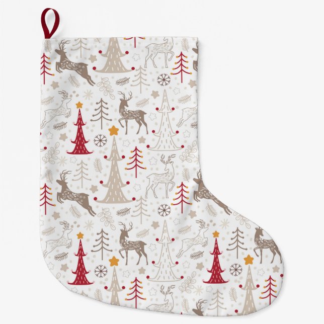 Winterweiß, Weihnachtsbaum und Hirsch Großer Weihnachtsstrumpf (Vorderseite)