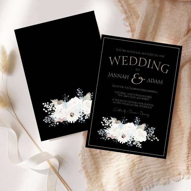 Winterweiße Blütenzeit und Schwarze Weihnachtszeit Einladung (Winter White Floral and Black Christmas Wedding Invitation)