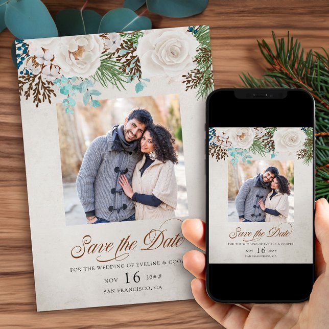 Winterweiße Hochzeiten Rose und Pine Foto Save The Date (Photo Save the Date for christmas engagement or Winter Wedding wth elegant calligraphy)