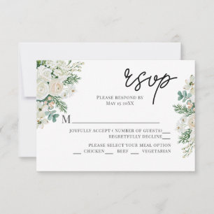 Winterweiße Rosen, Hartriegel und Fichten-Hochzeit RSVP Karte