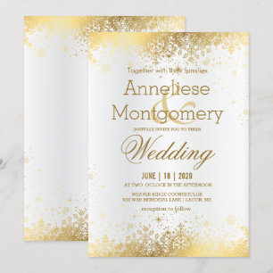 Winterweiße und goldene Schneeflocken Hochzeit Einladung