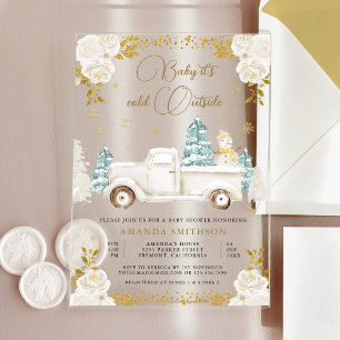 Winterweißes Gold Florales Lastwagen-Schneemann-Ba Acryleinladungen