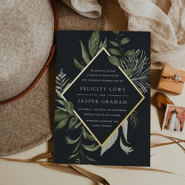 Winterwiese | Hochzeitsfeier für Grüne Wasserfarbe Folieneinladung (Dark moody botanical wedding invitations)