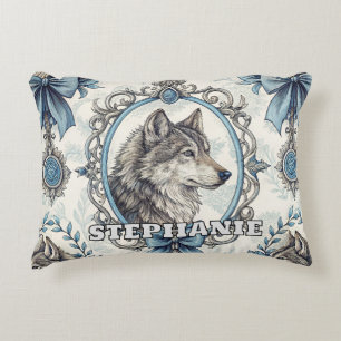 Winterwolf-Portrait in Verziertem Blau- und Graura Dekokissen