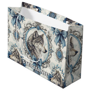 Winterwolf-Portrait in Verziertem Blau- und Graura Große Geschenktüte