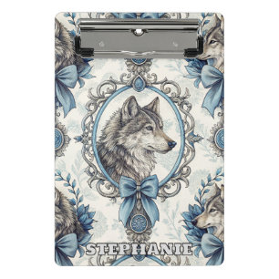 Winterwolf-Portrait in Verziertem Blau- und Graura Mini Klemmbrett