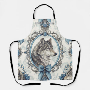 Winterwolf-Portrait in Verziertem Blau- und Graura Schürze