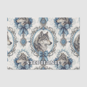 Winterwolf-Portrait in Verziertem Blau- und Graura Seidenpapier