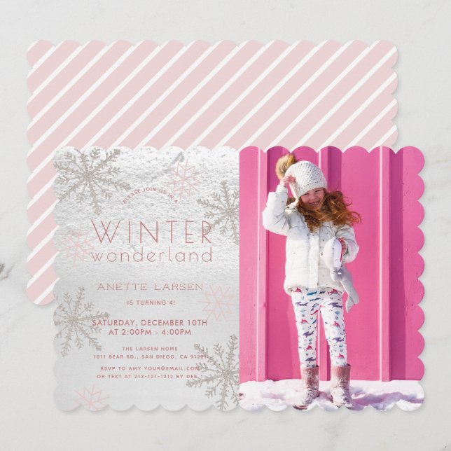 Winterwonderland Snowflake Rosa Foto Geburtstag Einladung (Vorne/Hinten)