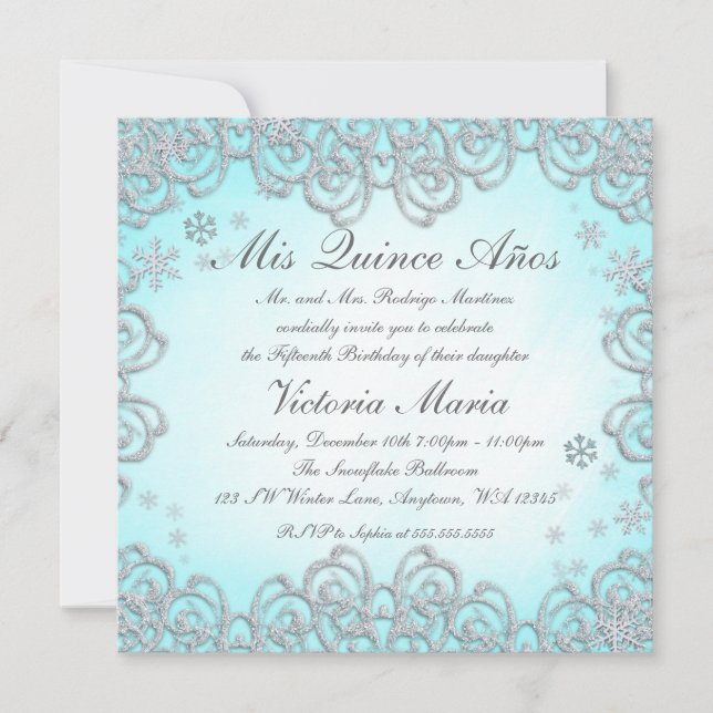 Winterwonderland Swirl Schneeflocken Quinceanera Einladung (Vorderseite)