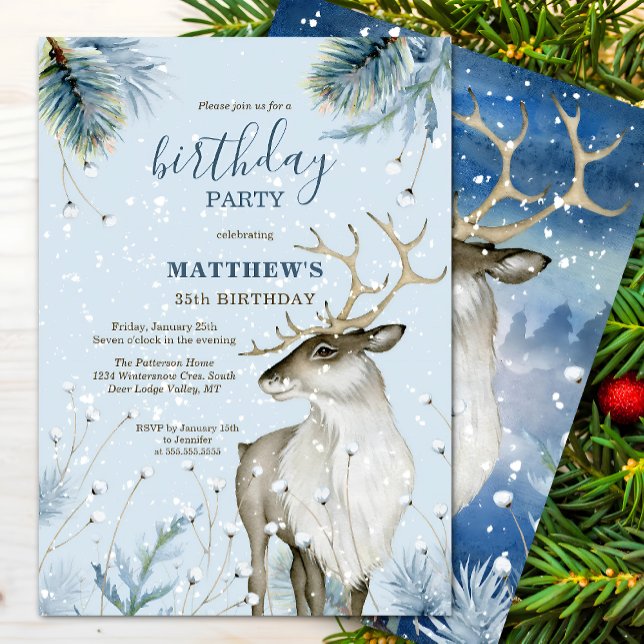 Winterwoodland Deen Geburtstagsparty Einladung (Winter wonderland deer birthday party invitation front and back view.)