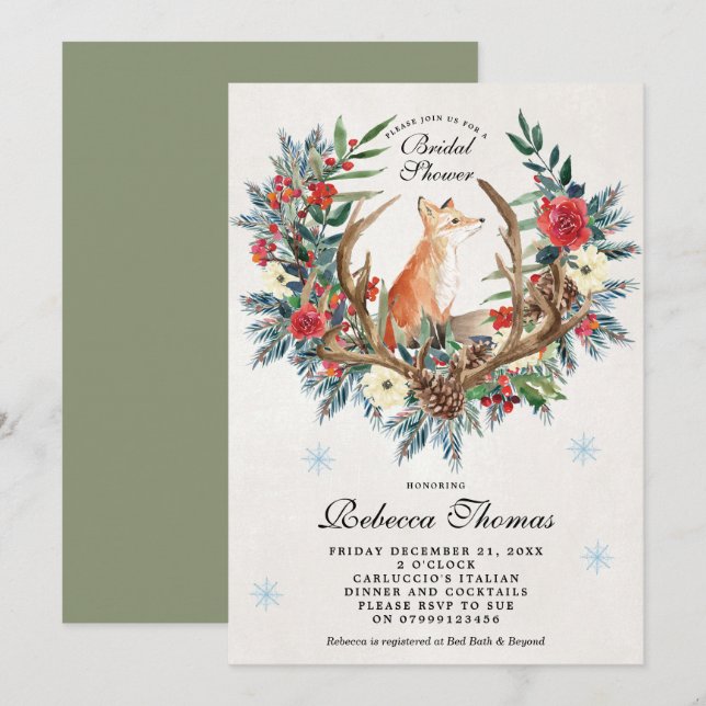 Winterwreath- und -fuchs-Brautpartyeinladung Einladung (Vorne/Hinten)