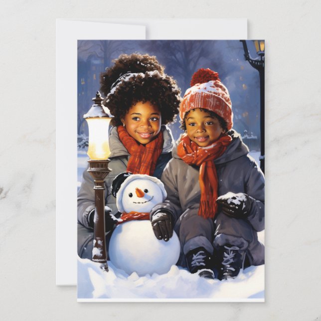 Winterwunder: Kinder und ihre Schneemandee Feiertagskarte (Vorderseite)
