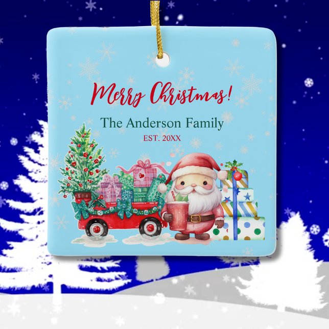 Winterwunder Land Weihnachtsgeschenke Keramikornament (Personalized Christmas Ornament Family Name and Date Watercolor Rustic Vintage Gifts and Wagon Snow)