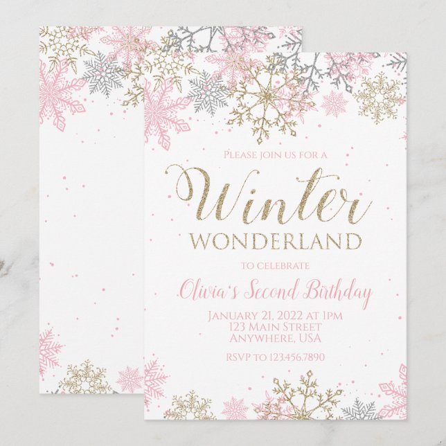 Winterwunder Rosa Goldene Schneeflocke Geburtstag Einladung (Vorne/Hinten)