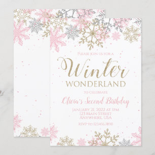Winterwunder Rosa Goldene Schneeflocke Geburtstag Einladung