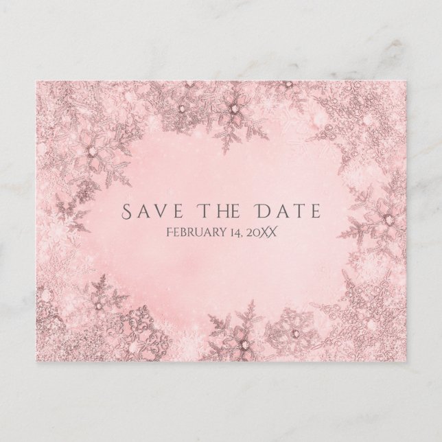 Winterwunder - Schneeflocken Save the Date rosa Ankündigungspostkarte (Vorderseite)