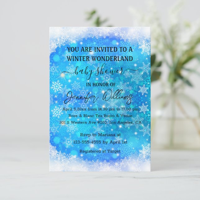 Winterwunderland Blau Schneeflocken Babydusche Einladung (Stehend Vorderseite)