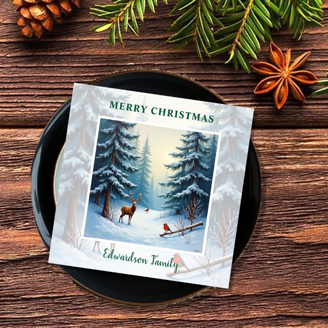 Winterwunderland Frohe Weihnachtsfamilie Serviette (Winter wonderland Merry Christmas family name Paper Dinner Napkins. You can add your own name.)