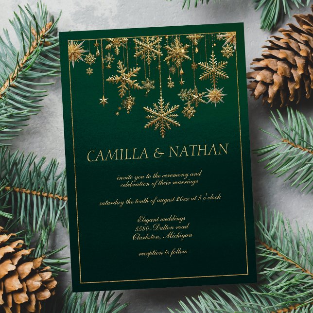 Winterwunderland Hochzeit mit grünem Gold Einladung (Green gold snowflake winter wonderland Wedding)