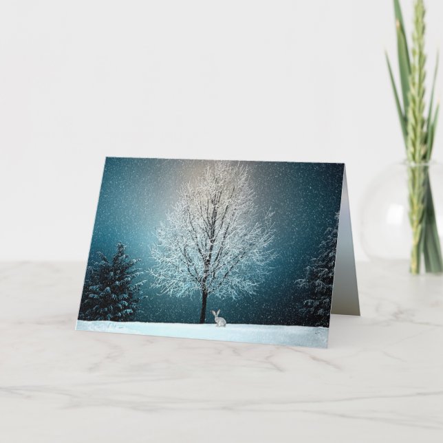 Winterwunderland mit Kaninchen Feiertagskarte (Vorderseite)