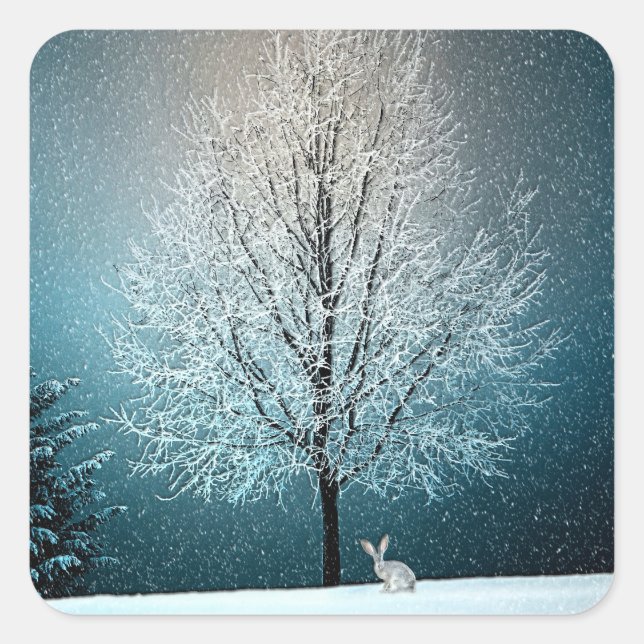 Winterwunderland mit Kaninchen Quadratischer Aufkleber (Vorderseite)
