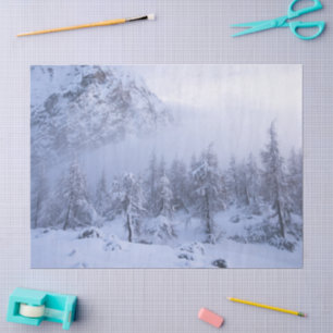 Winterwunderland, Nebel, Fichtenwald und Berg Seidenpapier