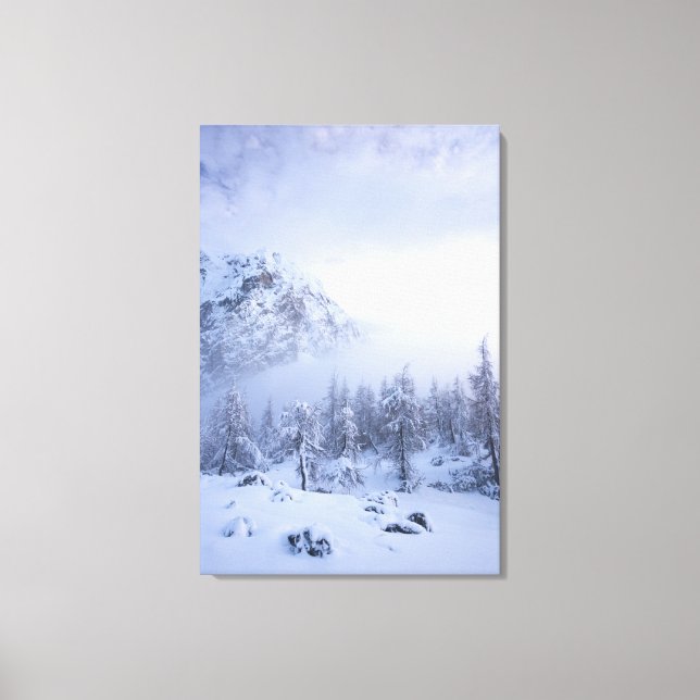 Winterwunderland, Nebel, Fichtenwald und Berge Leinwanddruck (Vorderseite)