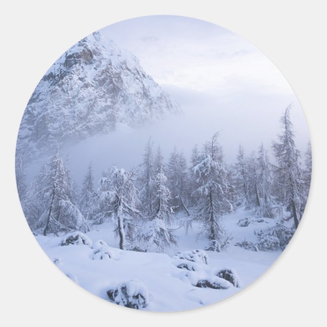 Winterwunderland, Nebel, Fichtenwald und Berge Runder Aufkleber (Vorderseite)