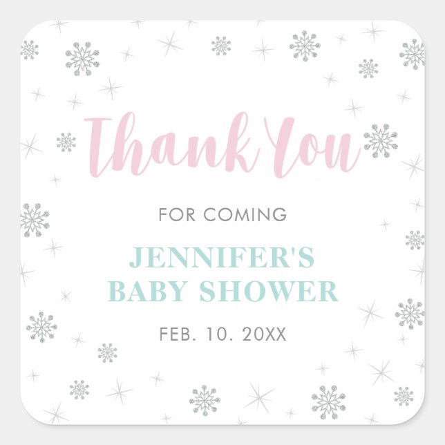 Winterwunderland, Pink & Mint Baby Dusche Gefallen Quadratischer Aufkleber (Vorderseite)