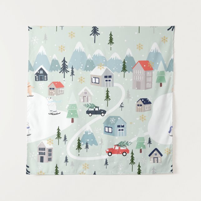 Winterwunderland: Polar Bären Weihnachten Wandteppich (Vorderseite)