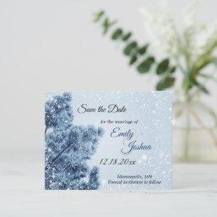 Winterwunderland Schnee und Kiefer Hochzeit Save The Date