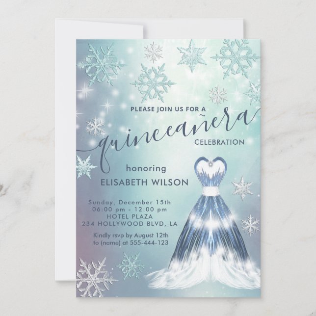 Winterwunderland Schneeflocken Quinceñera Einladung (Vorderseite)