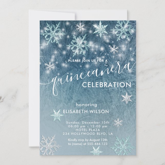 Winterwunderland Schneeflocken Quinceñera Einladung (Vorderseite)