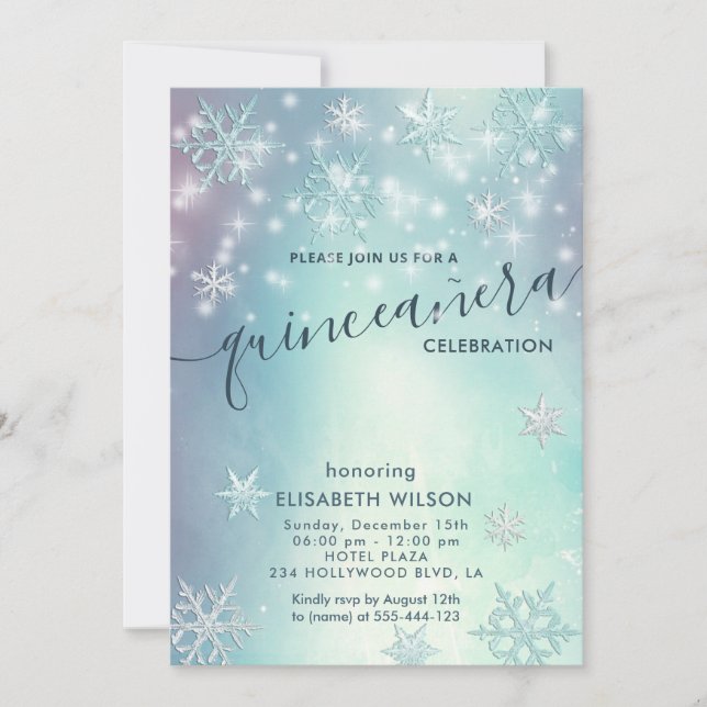 Winterwunderland Schneeflocken Quinceñera Einladung (Vorderseite)