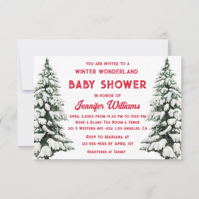 Winterwunderland Schneekiefern Babydusche rot Einladung (Vorderseite)