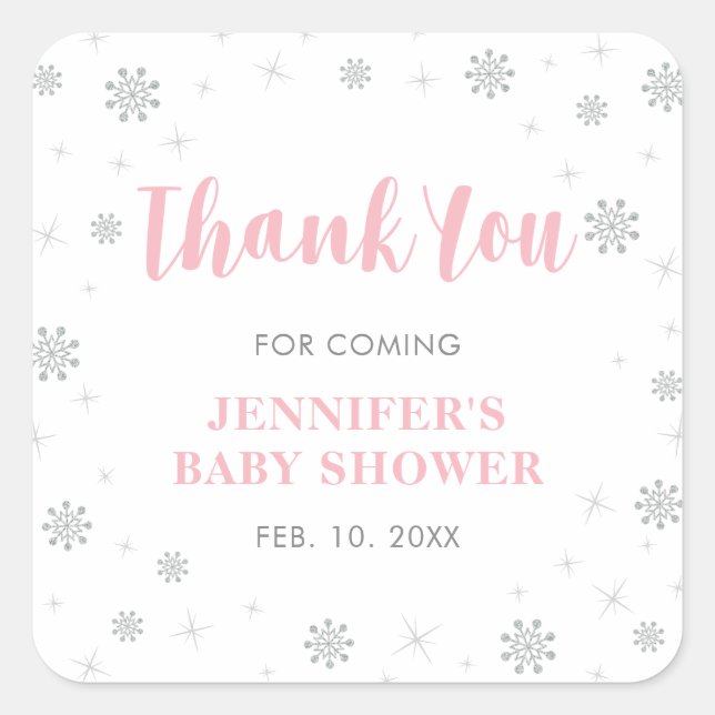 Winterwunderland, Silver & Pink Baby Dusche Gefall Quadratischer Aufkleber (Vorderseite)