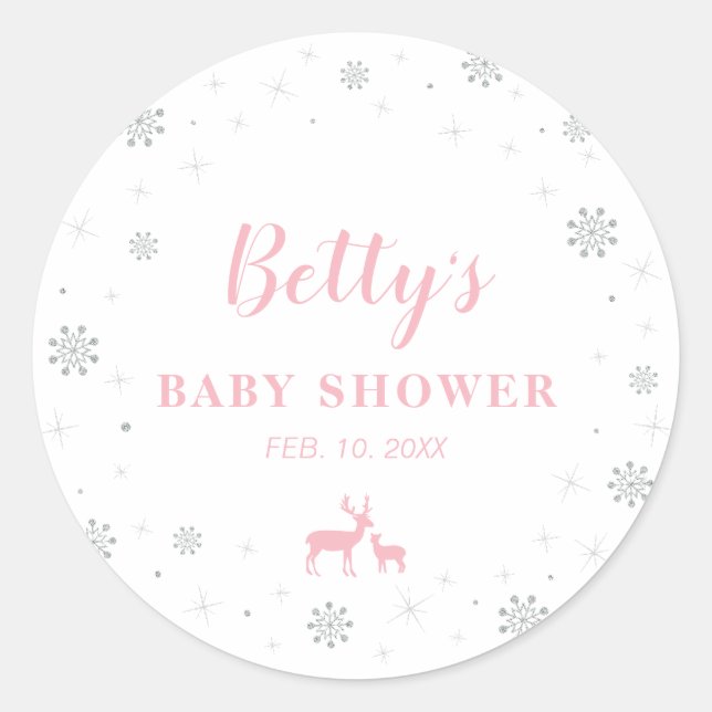 Winterwunderland, Silver & Pink Baby Dusche Runder Aufkleber (Vorderseite)