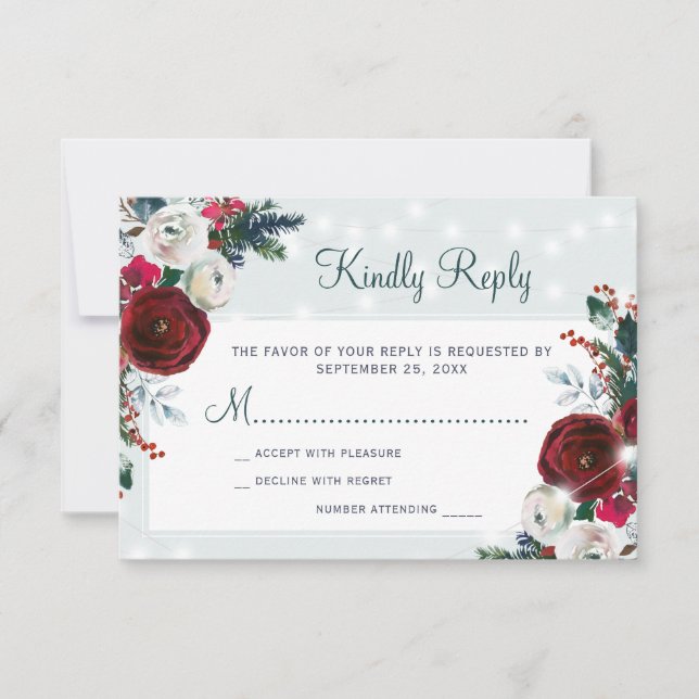 Winterwunderland Weihnachten Hochzeit mit rotem Bl RSVP Karte (Vorderseite)