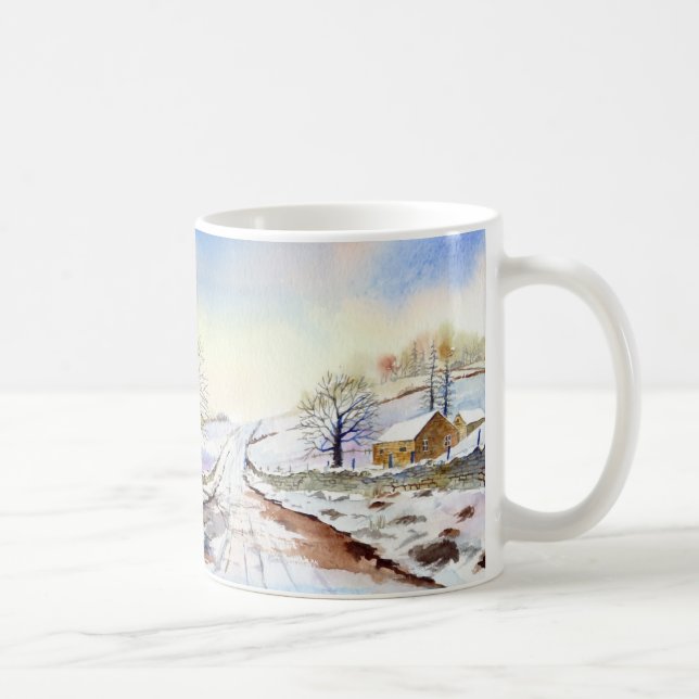 Wintery Lane Wasserfarbenlandschaft - Malerei Kaffeetasse (Rechts)