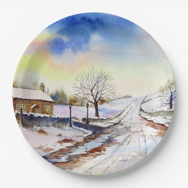 Wintery Lane Wasserfarbenlandschaft - Malerei Pappteller (Vorderseite)