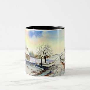 Wintery Lane Wasserfarbenlandschaft - Malerei Zweifarbige Tasse