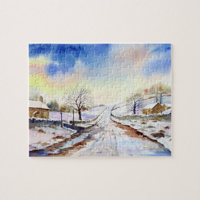 Wintery Lane Wasserfarbenwelt Landschaftsbild Male (Horizontal)