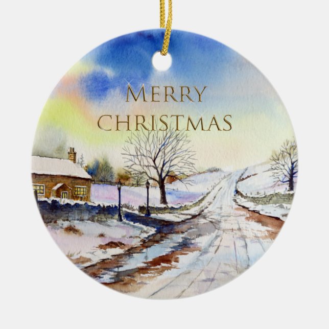 Wintery Lane Wasserfarbenwelt Landschaftsbild Male Keramik Ornament (Vorne)