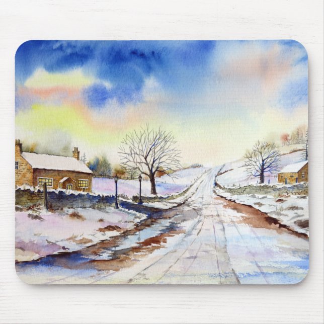 Wintery Lane Wasserfarbenwelt Landschaftsbild Male Mousepad (Vorne)
