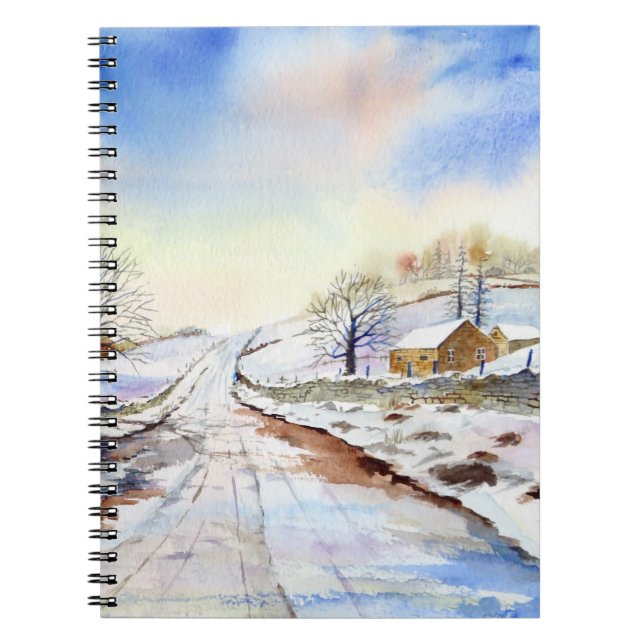 Wintery Lane Wasserfarbenwelt Landschaftsbild Male Notizblock (Vorderseite)